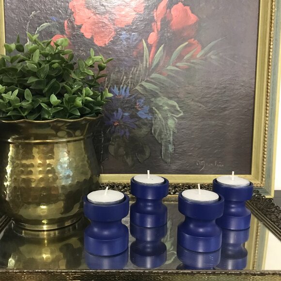 MCM MURMANN Made in Denmark Vintage Blue Wooden Tealight Candleholders - Picture 1 of 10